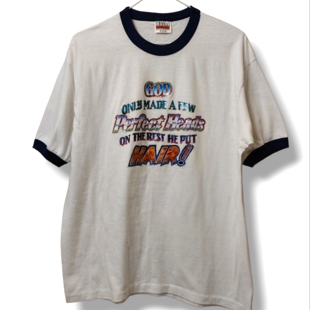 1981 Single Stitch Shirt XL Ringer Tee Baldness Humour Sarcasm Vintage